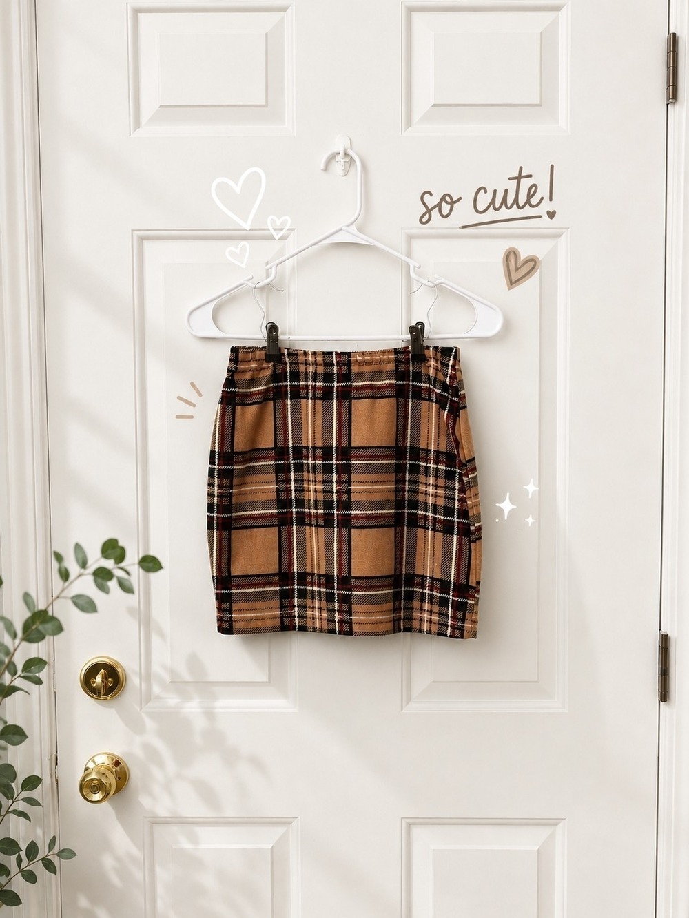 SHEIN Tan Plaid Mini Skirt